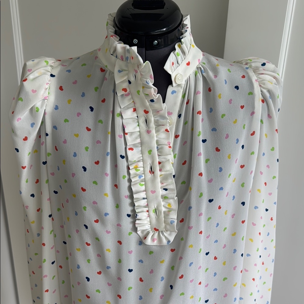 White Puff Sleeve Ruffled Blouse with Mandarin Collar
